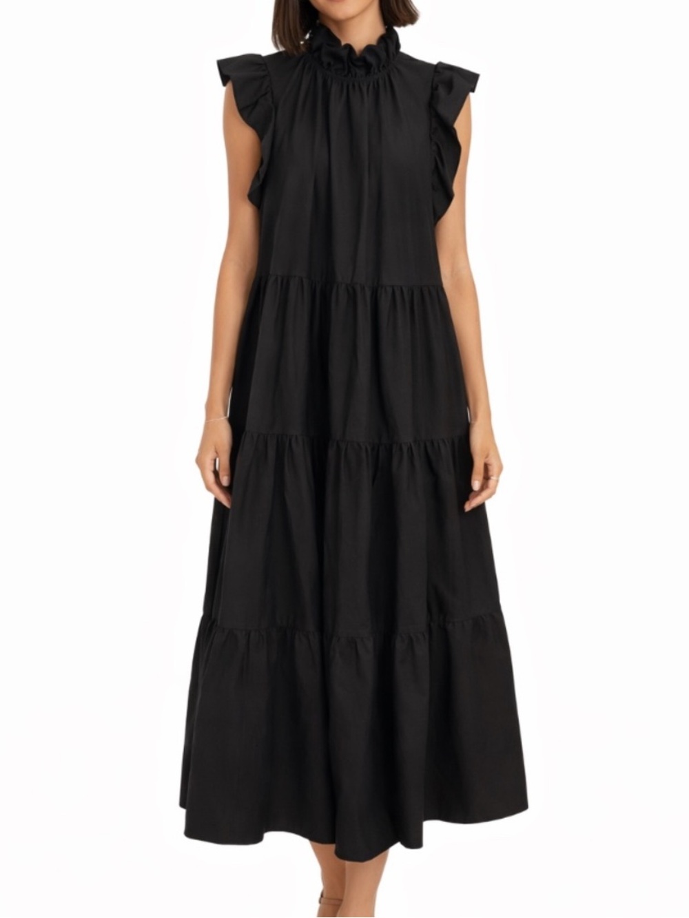 Chepe Italy Black Maxi Dress with Ruffle Sleeves Size Large Neutral Cotton